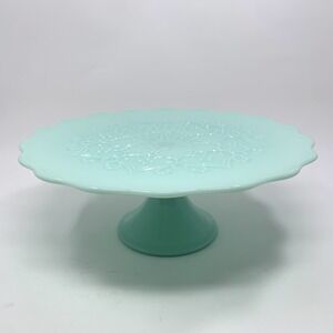 Vintage Fenton Glass Turquoise Blue Spanish Lace Cake Plate Pedestal Stand